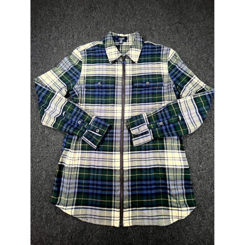 Chaps Flannel Shirt Jacket Mens S Green Blue Plaid Flap Pockets Collar Zip Front